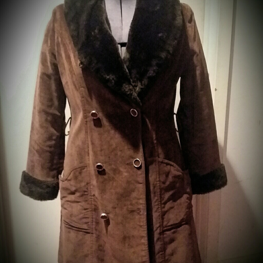 Brown quilted swede long winter jacket